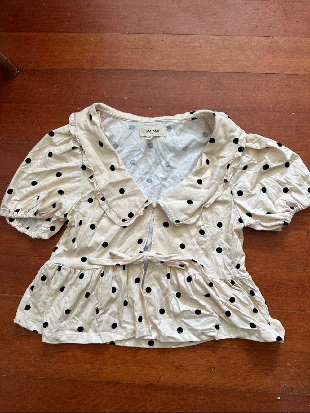 Porridge Cream Polka Dot Peplum Blouse with Peter Pan Collar